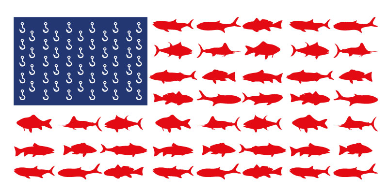 A graphic of the US flag using fish