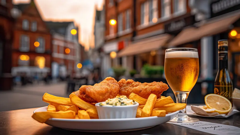 Plate of fish and chips at a pub.