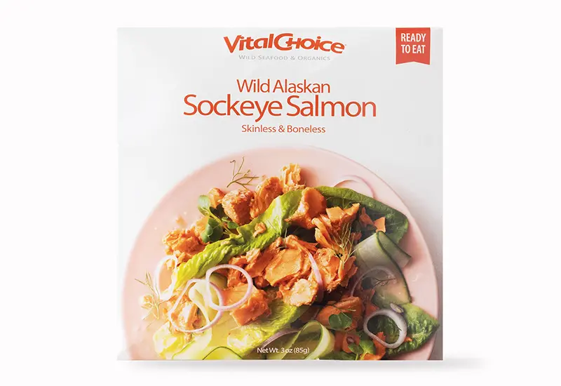 A photo of Vital Choice's Wild Alaskan Sockeye Salmon in a pouch, perfect for an emergency pantry.