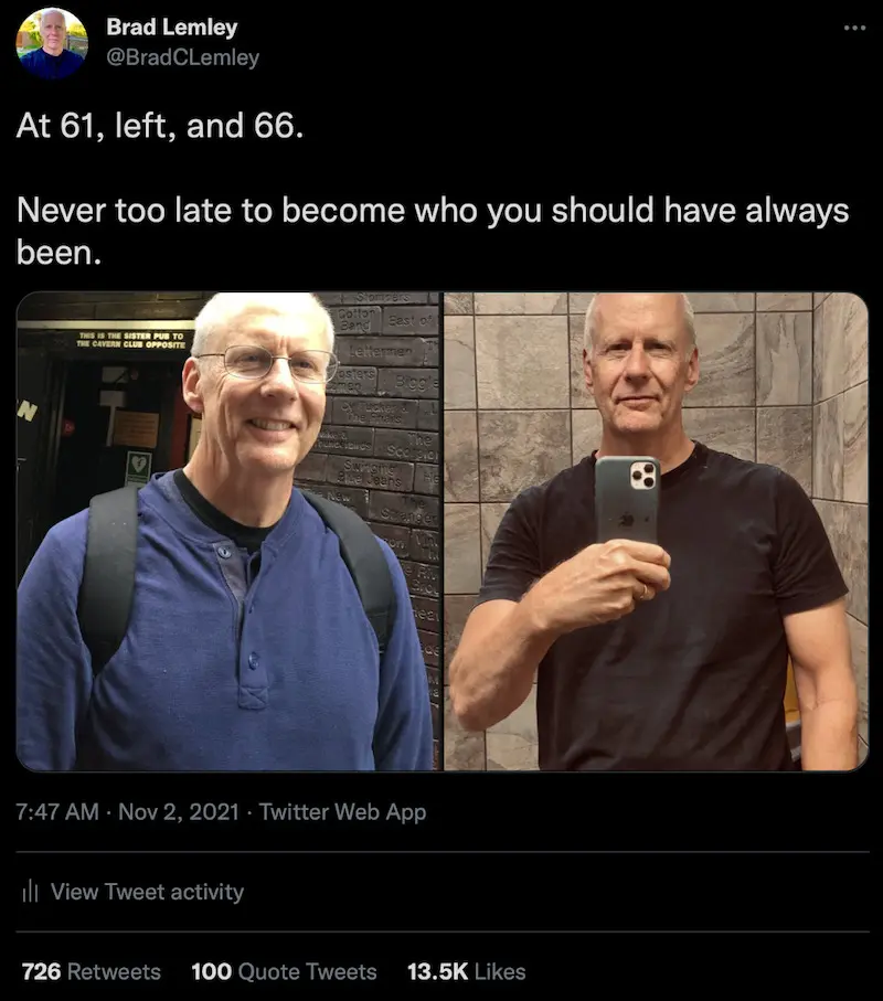 Two photos, one at age 61 and another at 66, show a man with improved senior fitness.