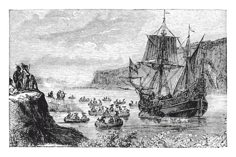 The Half Moon in the Hudson,vintage illustration.