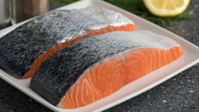 Salmon skin slices on a plate.