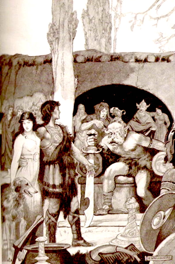 Photo of illustration from Mabinogian, Kilhwch and Olwen in the court of Yspaddaden Penkawr.