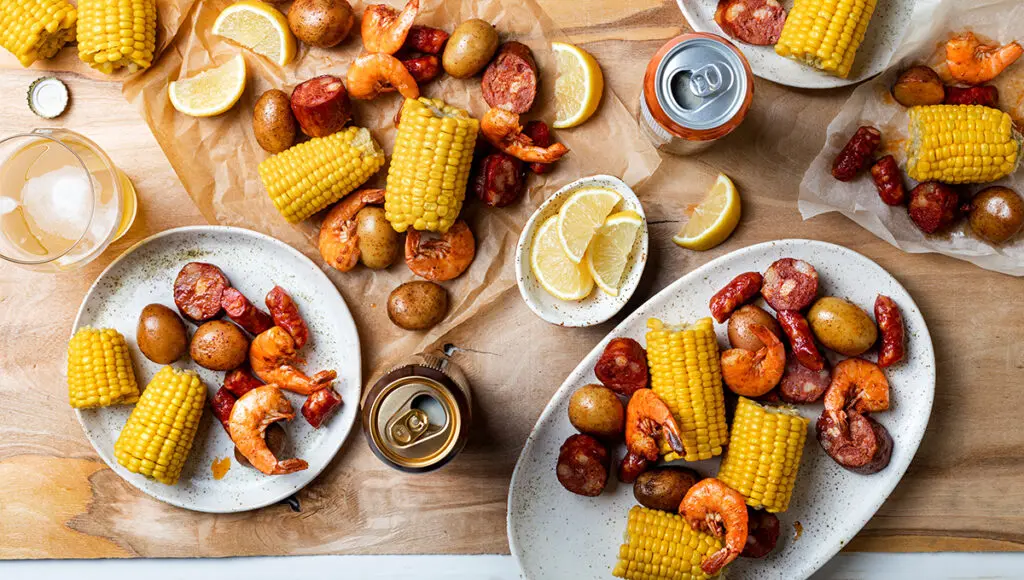 A low country homemade traditional Southern U.S. Shrimp Boil wi