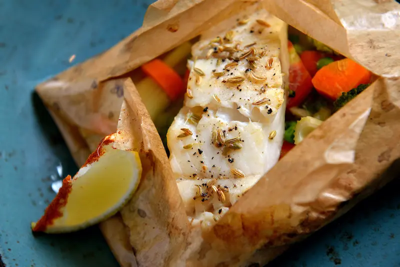 Fish in parchment paper, with vegetables