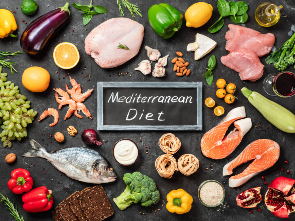 Mediterranean Diet graphic shows foods typically eaten on this popular and healthful diet.