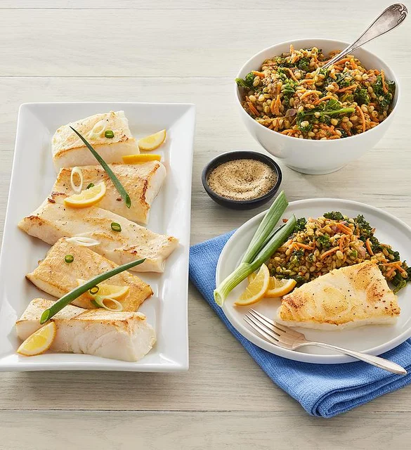 Vital Choice Meals showing Sea Bass with Wheatberry Kale Salad