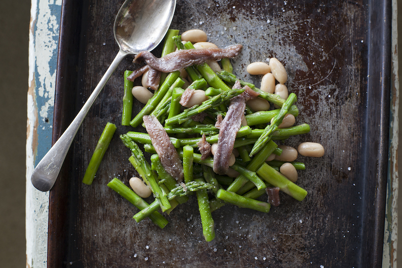 Photo of anchovy recipe showing anchovies with asparagus