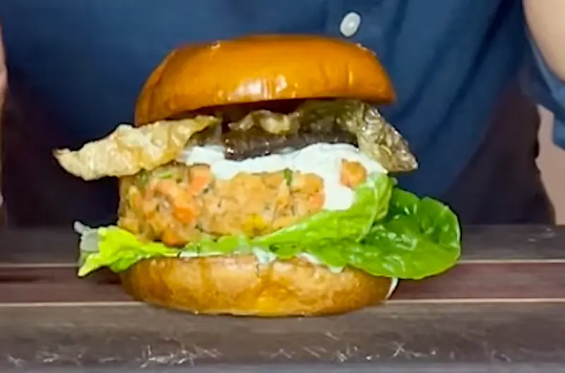 Salmon Skin Chicharrones on a Burger