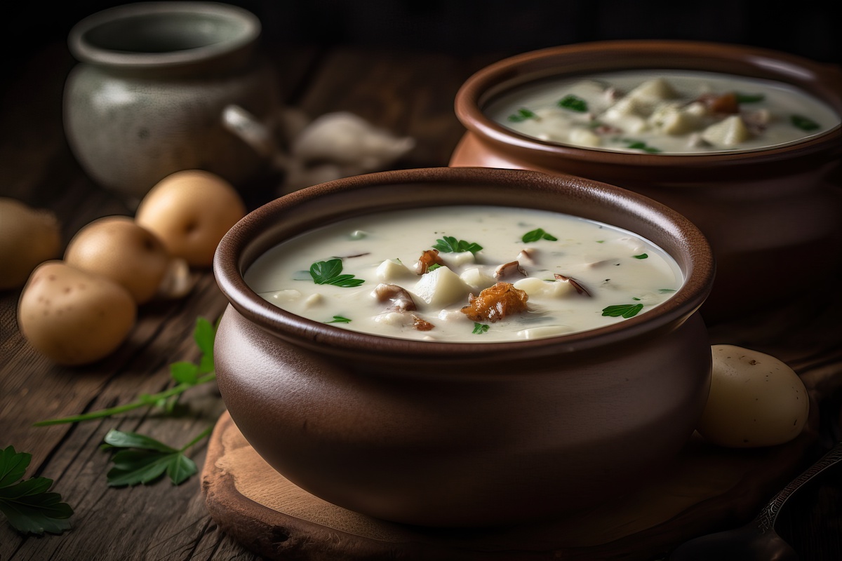 Rhode Island clam chowder in two bowls.