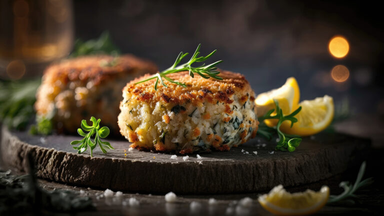 Crab Cakes on Stone, Blurred Background, Rustic Pub. Generative