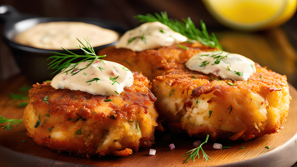 delectable crab cakes with remoulade sauce, daylight, wooden boa