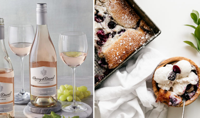 Summer wine pairings with cherry cobbler paired with a bottle of rosé.
