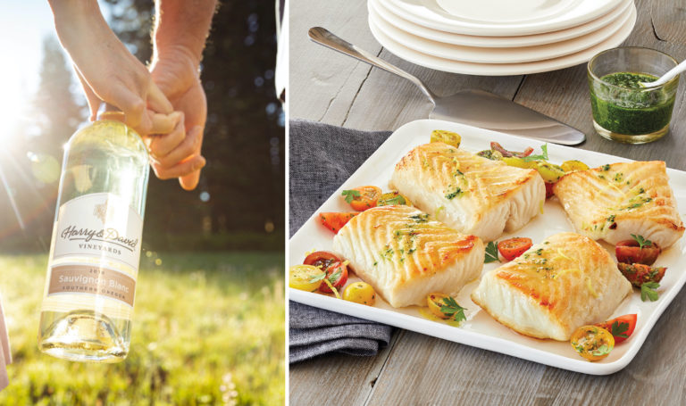 Summer wine pairings with a plate of Chilean sea bass and a bottle of Sauvignon Blanc.
