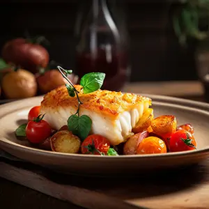 Close up of fried cod loin with vegetable roast potatoes and cherries.