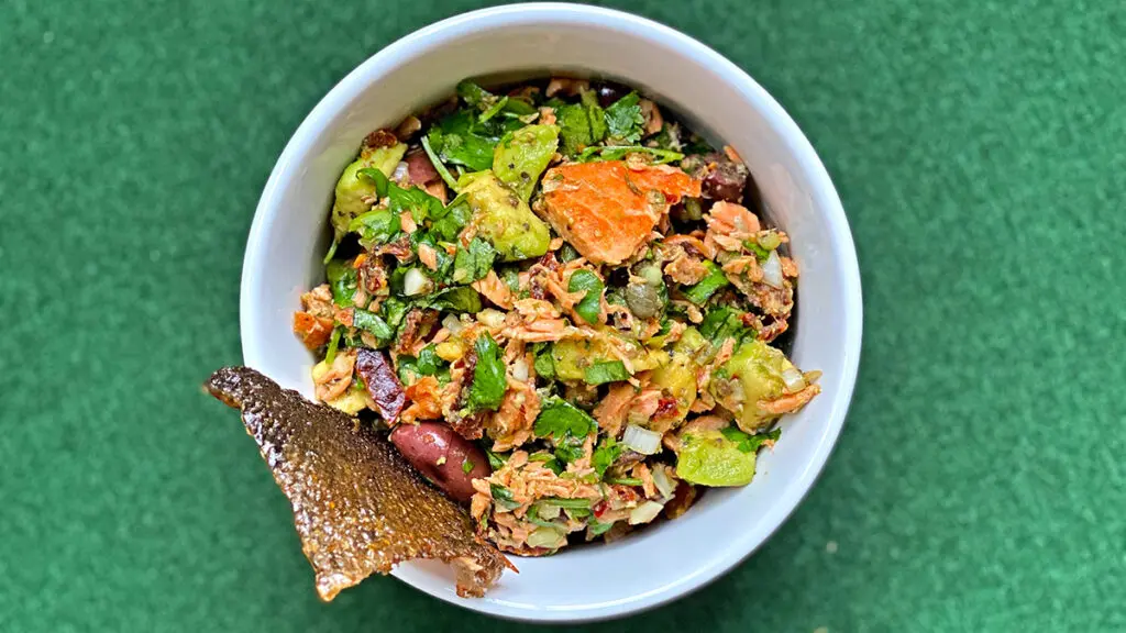 Salmon guacamole recipe in a bowl.