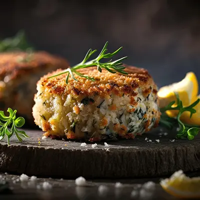 Crab Cakes on Stone, Blurred Background, Rustic Pub. Generative