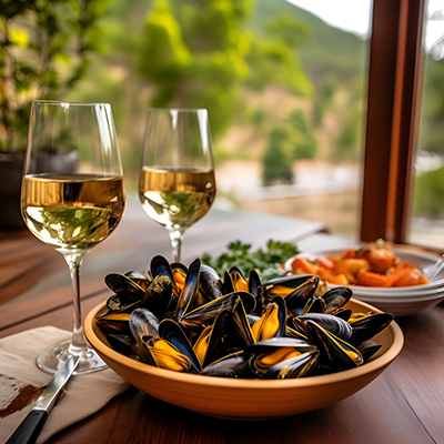 Thanksgiving fish recipes with a bowl of broiled mussels next to two glasses of wine.