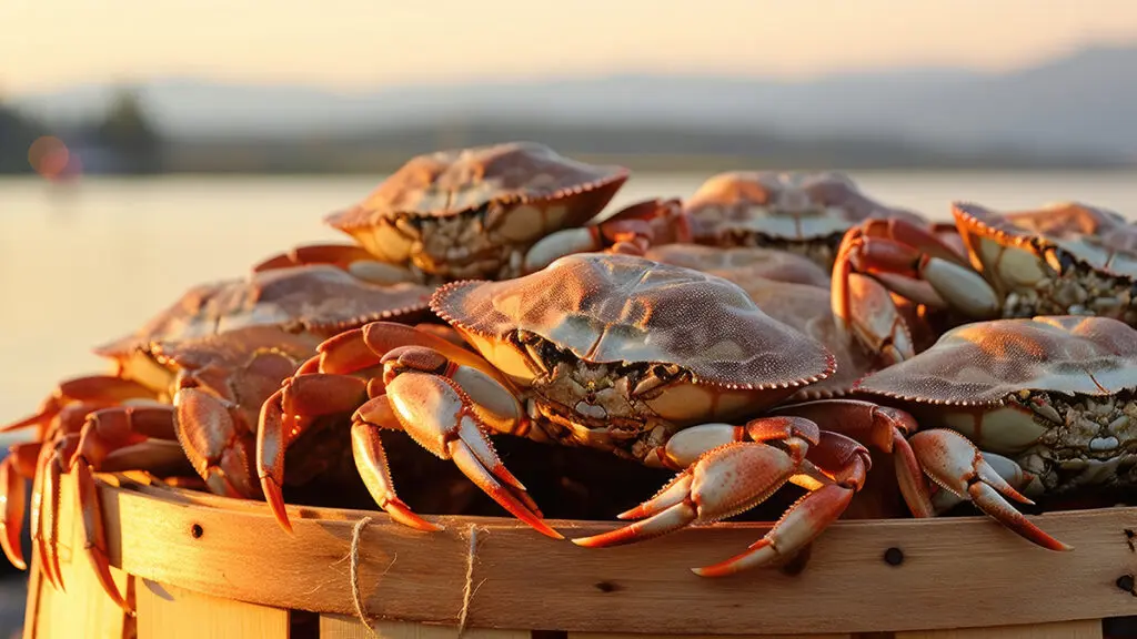 Male Dungeness crabs observed in a Canadian crab trap on a dock With copyspace for text