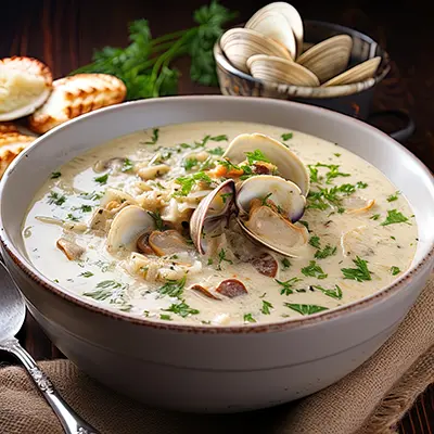 Bowl of fish soup with clams and cream.