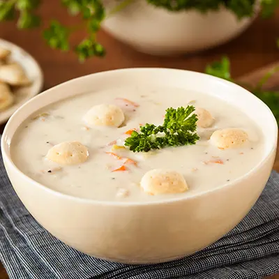 Tailgating with fish with a bowl of New England clam chowder.