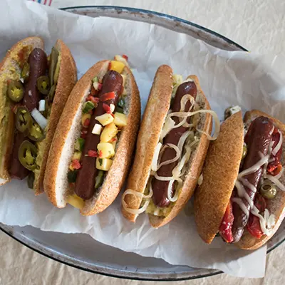 Plate of bison hot dogs