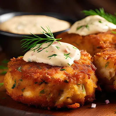 Easter fish recipes with several crab cakes topped with sauce.