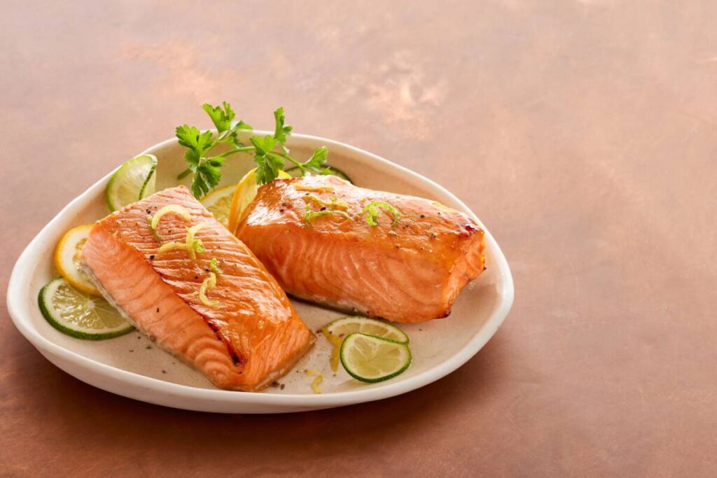 copper river king salmon two fillets plated