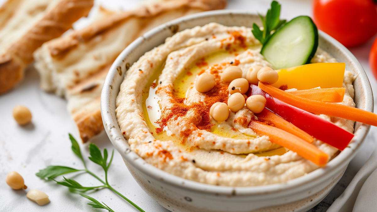 plate with hummus dip and vegetables sticks. Healthy enriched ve